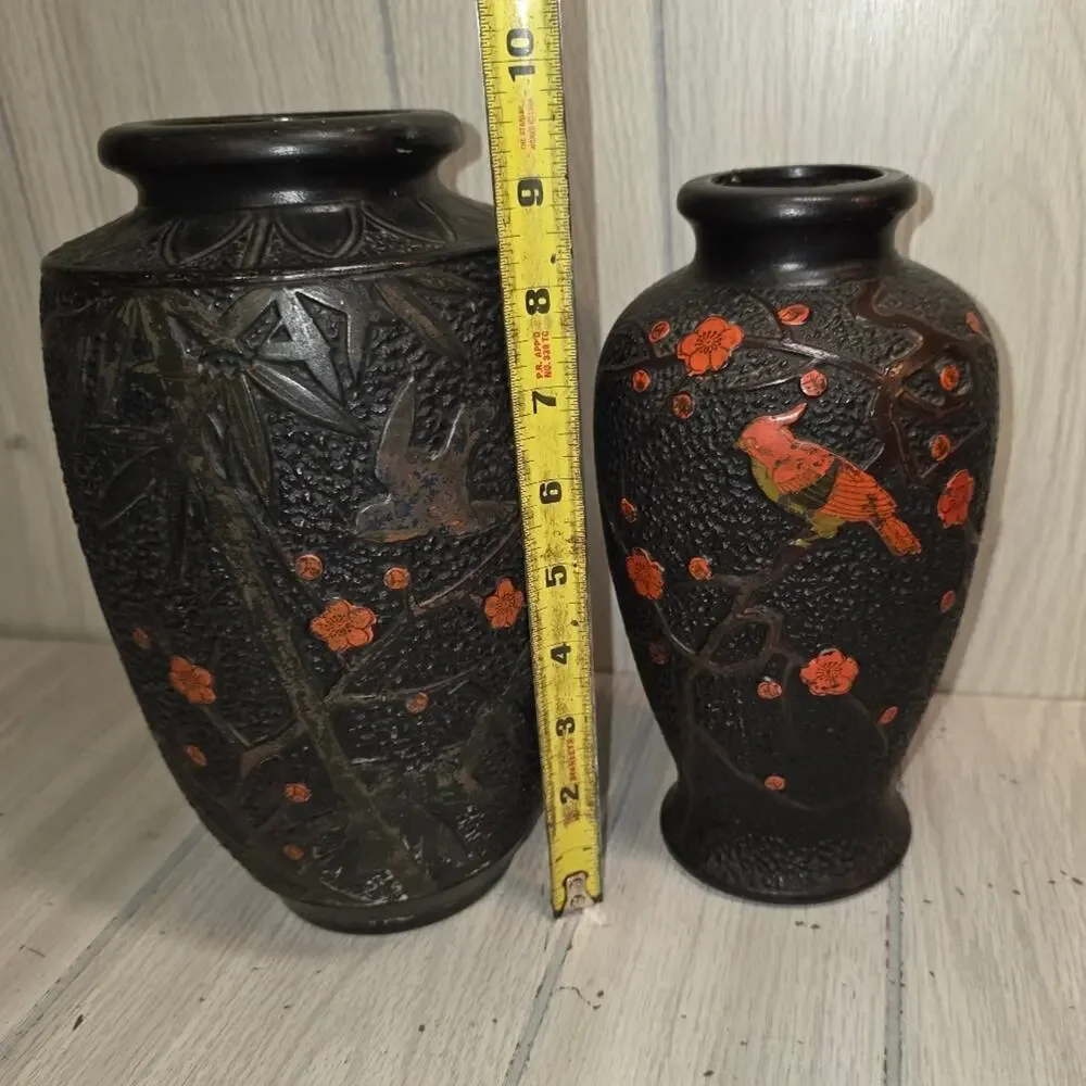Vtg Early 20th Cetury Japanese Vases Tokanabe Ware Black Pottery Birds Japan
